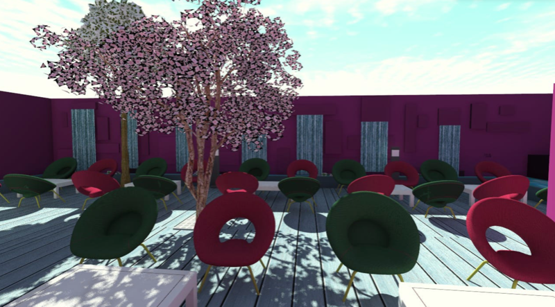 Conception 3D fleuri d'une terrasse de restaurant 