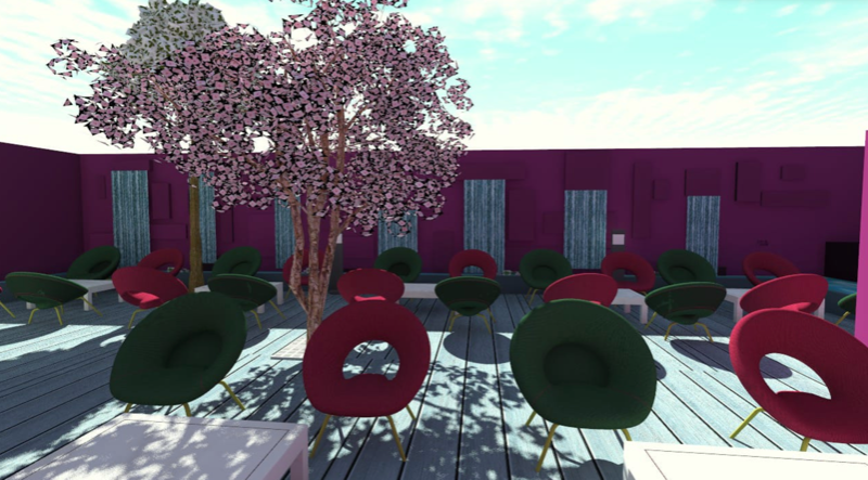 Conception 3D fleuri d'une terrasse de restaurant Conception 3D fleuri d'une terrasse de restaurant