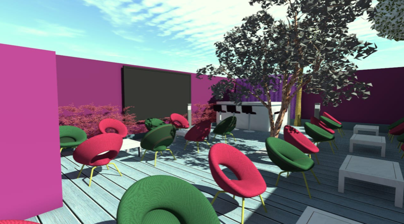 Conception 3D fleuri d'une terrasse de restaurant 