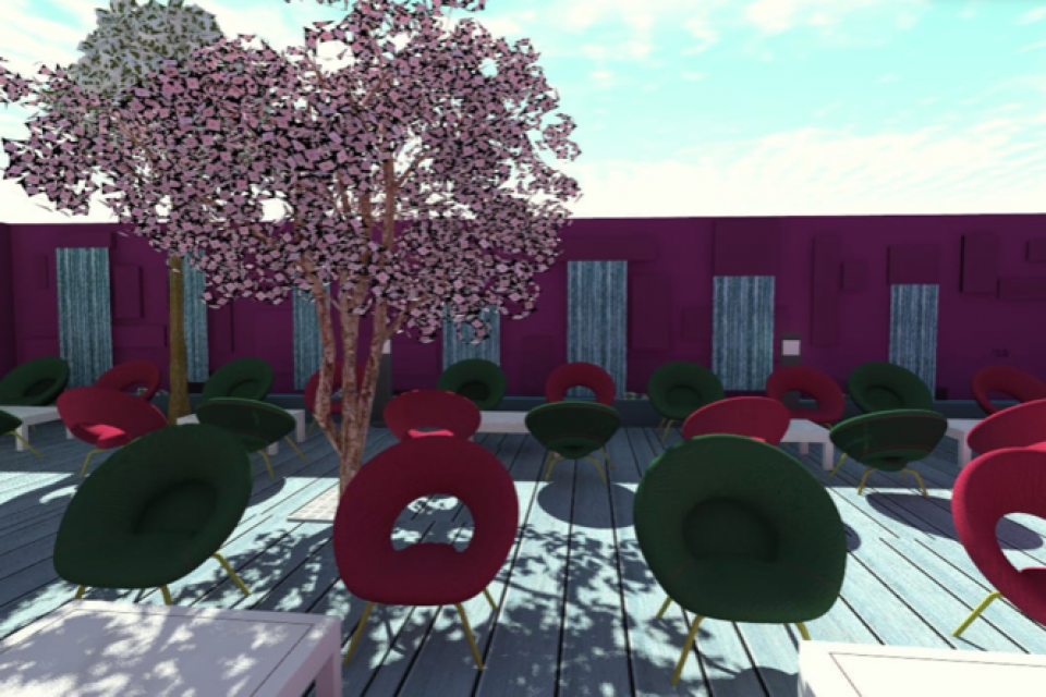 Conception 3D fleuri d'une terrasse de restaurant 